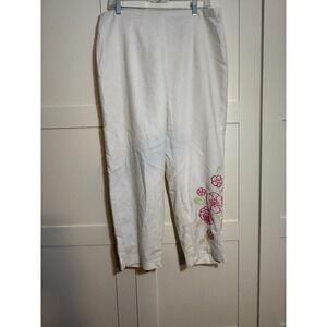 R & K Woman White Linen Blend Floral Embroidered Pants Size 16W